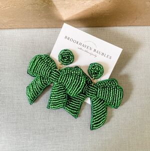 Green Striped Bow Earrings